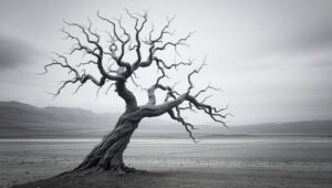 Solitary Tree in Monochrome Landscape – free AI stock image