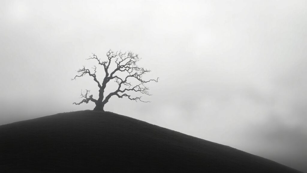 Solitary Tree in Monochrome Mist – free AI stock image