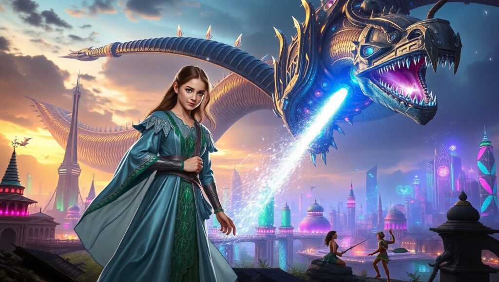 Sorceress vs Mechanical Dragon Battle – free AI stock image