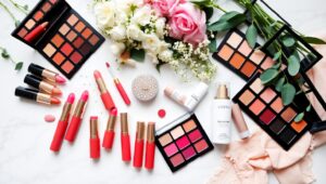 Spring Elegance: Cosmetic Flatlay Delight – free AI stock image