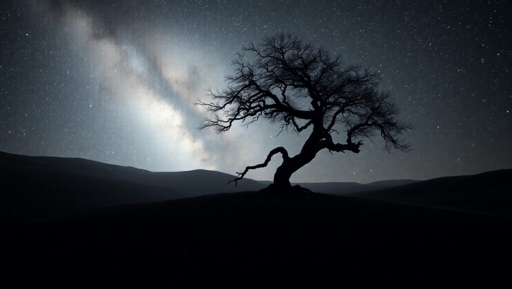 Starry Night Over a Hilltop Tree – free AI stock image