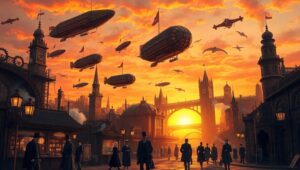 Steam-Powered City at Dusk – free AI stock image