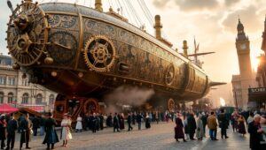 Steampunk Airship Port Adventure – free AI stock image