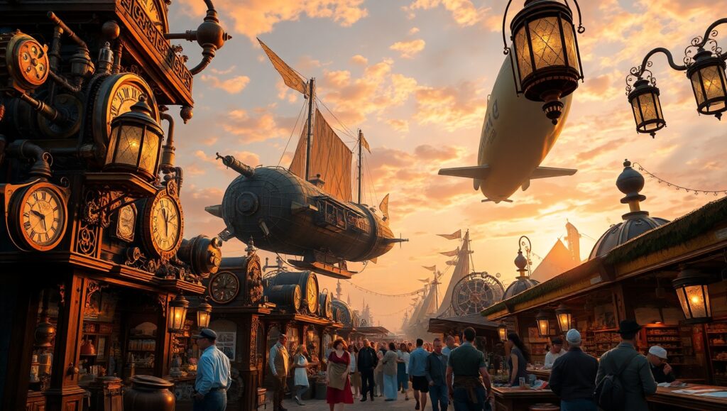 Steampunk Bazaar of Inventions – free AI stock image