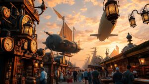 Steampunk Bazaar of Inventions – free AI stock image