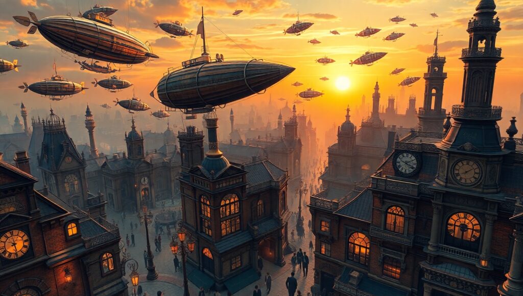 Steampunk City: Airships in Action – free AI stock image