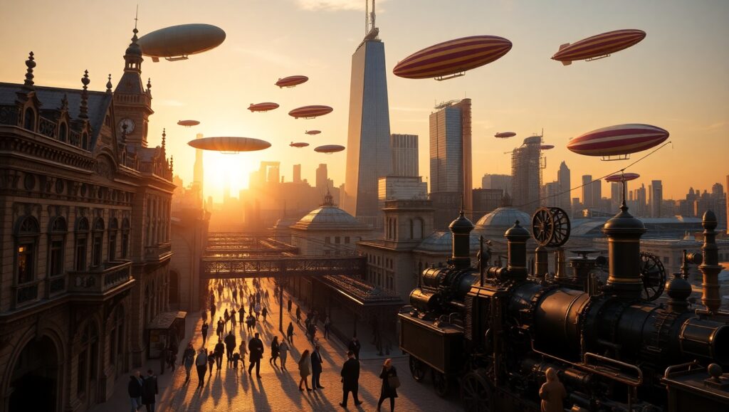 Steampunk City at Sunset – free AI stock image