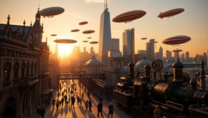 Steampunk City at Sunset – free AI stock image