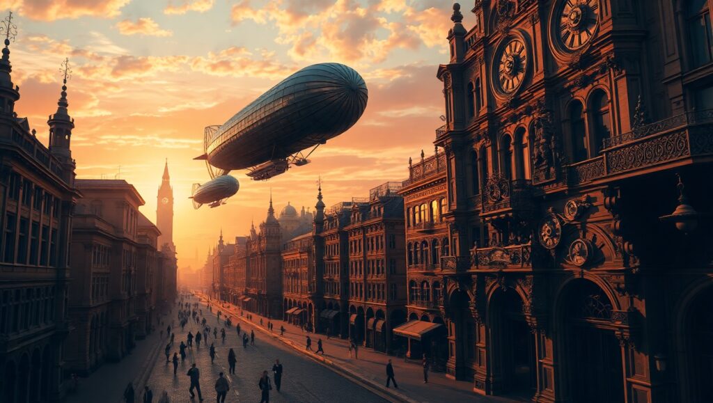 Steampunk City in Golden Light – free AI stock image