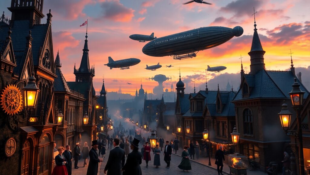 Steampunk Dusk in a Mechanical City – free AI stock image
