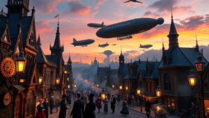 Steampunk Dusk in a Mechanical City – free AI stock image
