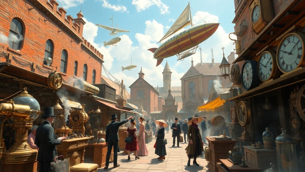 Steampunk Marketplace Adventure – free AI stock image