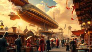 Steampunk Marketplace Adventure – free AI stock image