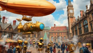 Steampunk Marketplace in Full Swing – free AI stock image
