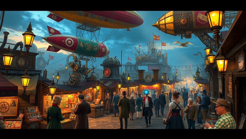 Steampunk Marketplace of Mechanical Wonders – free AI stock image