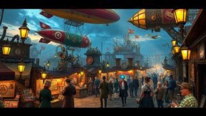 Steampunk Marketplace of Mechanical Wonders – free AI stock image