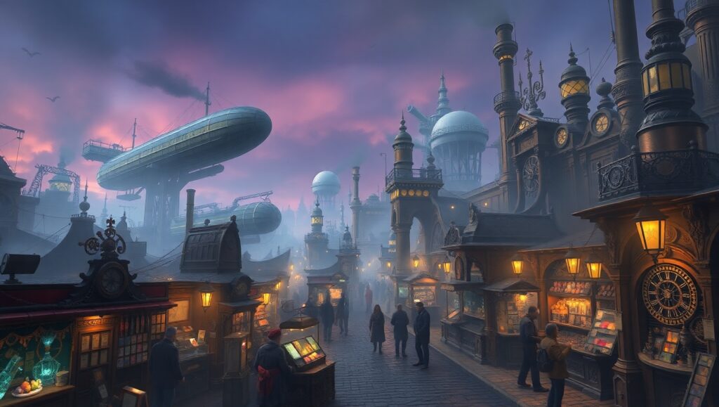 Steampunk Marketplace Under Twilight Sky – free AI stock image