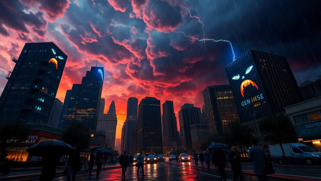 Stormy Cityscape of Emotion – free AI stock image