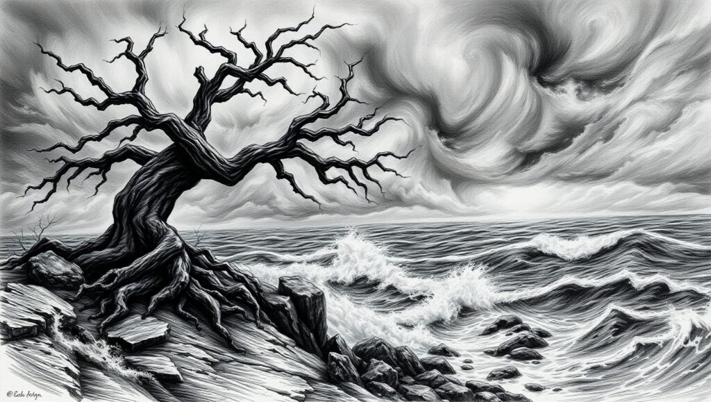Stormy Cliff with Solitary Tree – free AI stock image