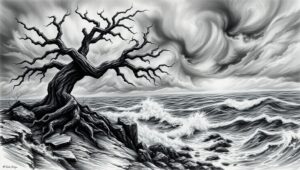 Stormy Cliff with Solitary Tree – free AI stock image