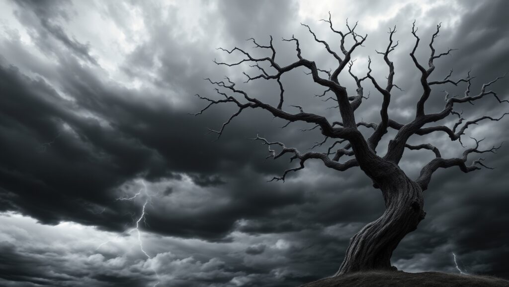 Stormy Tree Silhouette in Monochrome – free AI stock image
