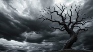 Stormy Tree Silhouette in Monochrome – free AI stock image