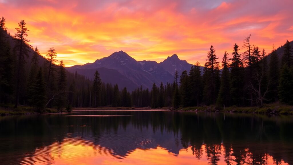 Stunning Sunset over Mountain Lake – free AI stock image