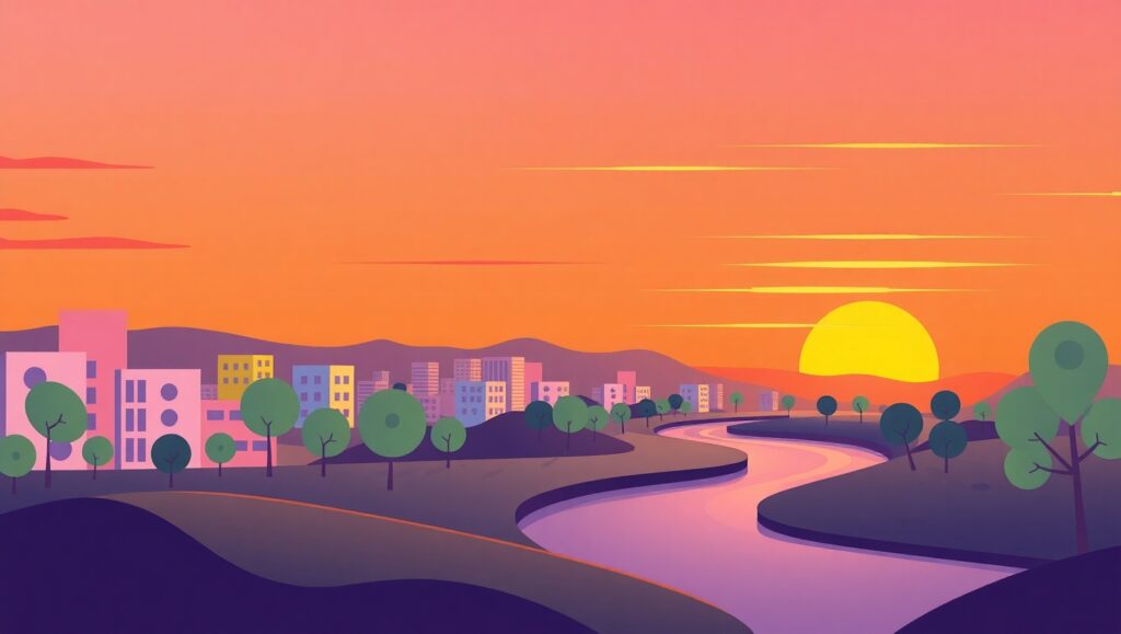 Stylized Cityscape at Sunset – free AI stock image