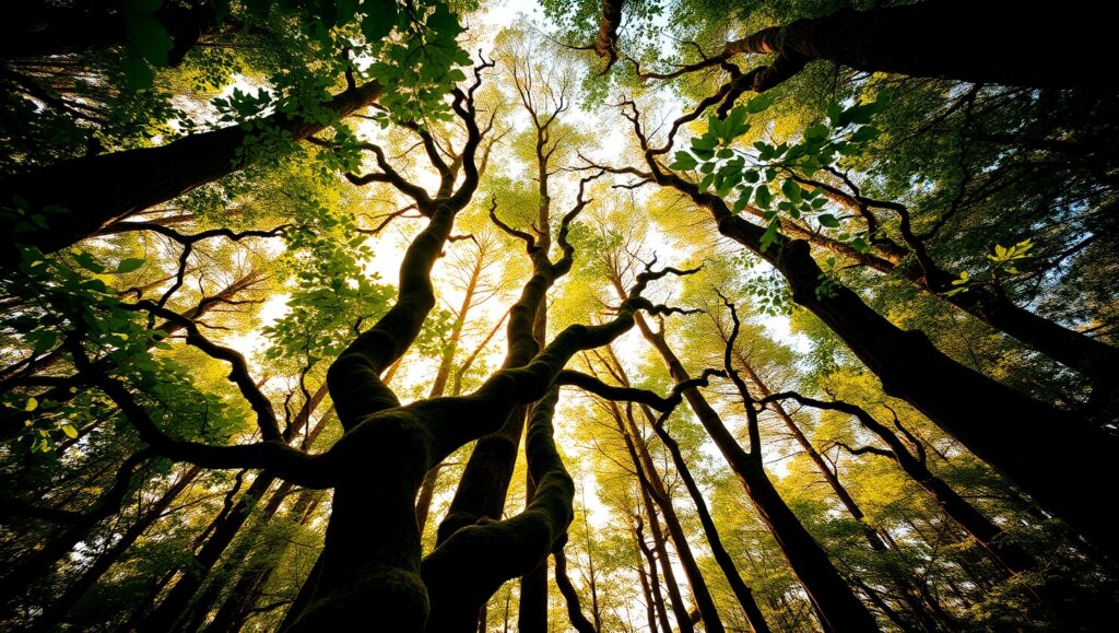 Sunlight Through Forest Canopy – free AI stock image