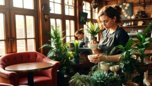 Sunlit Haven: Coffee Shop Vibes – free AI stock image