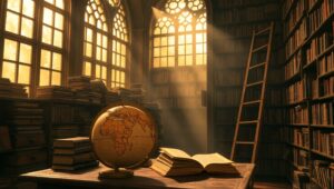 Sunlit Library of Forgotten Knowledge – free AI stock image