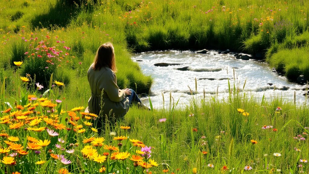 Sunlit Meadow with Wildflowers – free AI stock image
