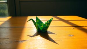 Sunlit Origami Crane on Table – free AI stock image