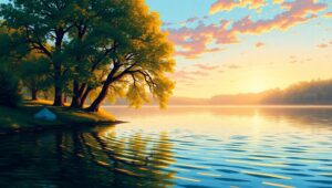 Sunrise Serenity by the Lake – free AI stock image