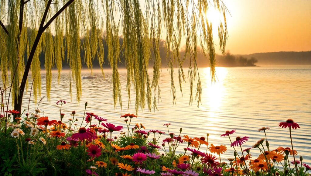 Sunrise Serenity by the Lakeside – free AI stock image
