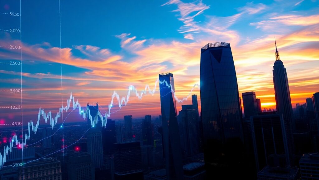Sunset City Skyline Financial Analysis – free AI stock image
