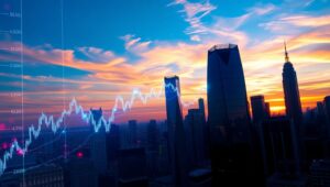 Sunset City Skyline Financial Analysis – free AI stock image
