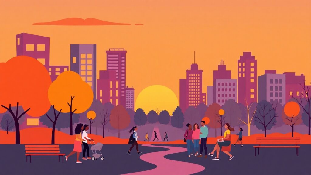 Sunset Cityscape in Flat Design 2Rs – free AI stock image