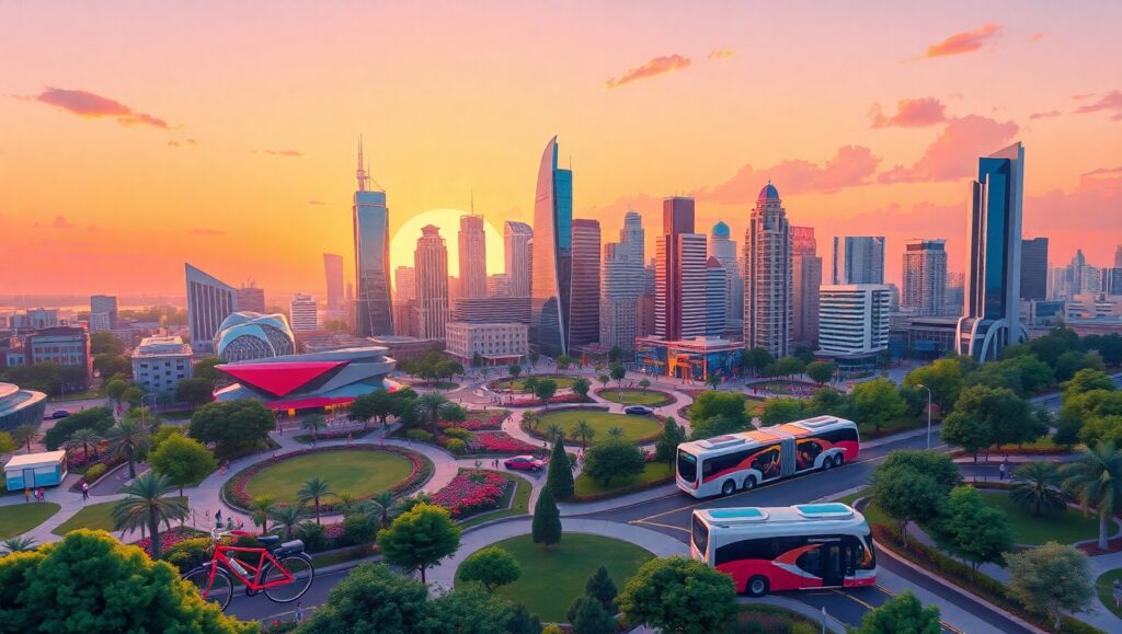 Sunset Cityscape in Flat Design SmG – free AI stock image