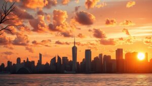 Sunset Cityscape with Abstract Elements – free AI stock image