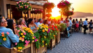 Sunset Conversations at the Café – free AI stock image