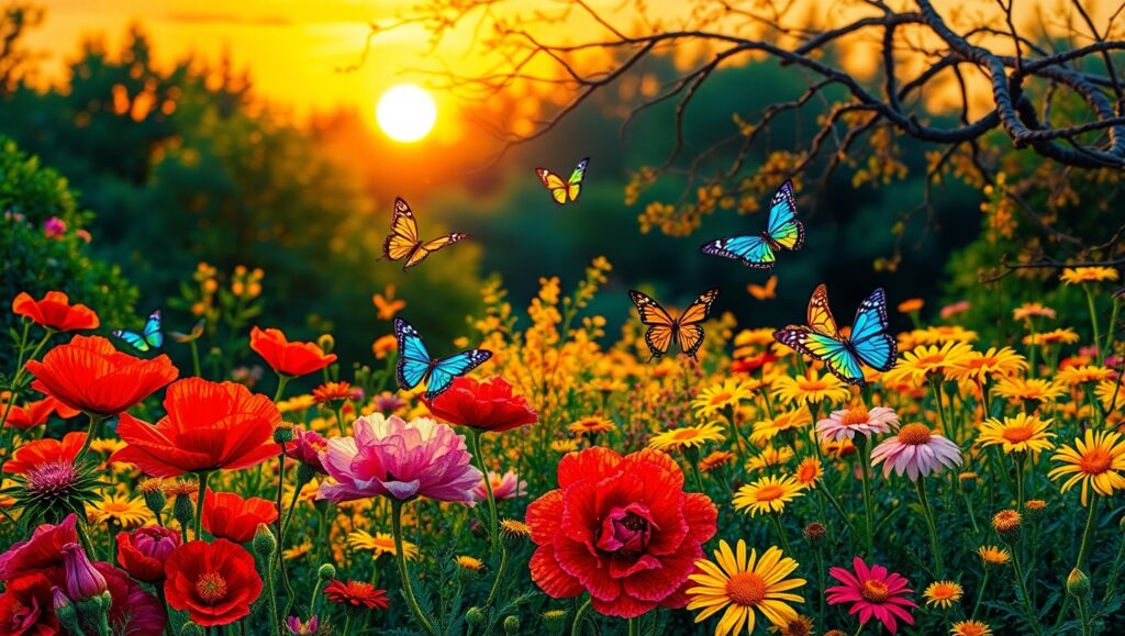 Sunset Garden in Pointillism – free AI stock image