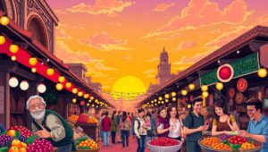 Sunset Market Vibes in Vector Style – free AI stock image
