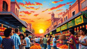 Sunset Mosaic of City Market – free AI stock image