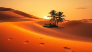 Sunset Oasis in Sand Art Style – free AI stock image