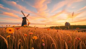Sunset Over a Flowering Field – free AI stock image