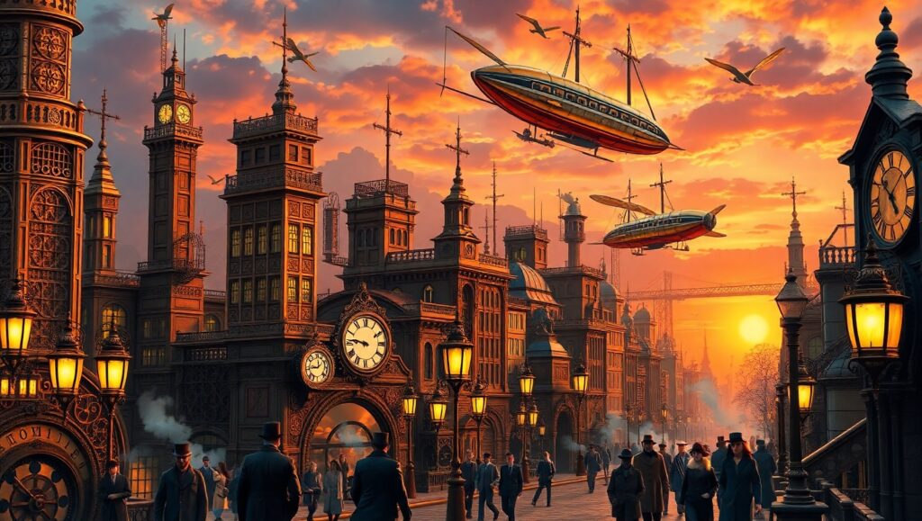 Sunset Over a Steampunk Metropolis – free AI stock image