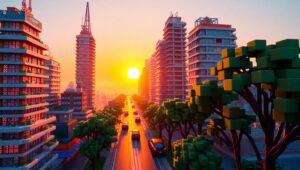 Sunset Over a Voxel Cityscape – free AI stock image