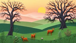 Sunset Over Rolling Hills Paper Art – free AI stock image