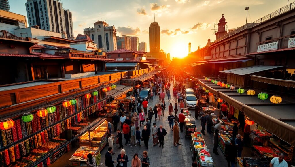 Sunset Over the City Market – free AI stock image